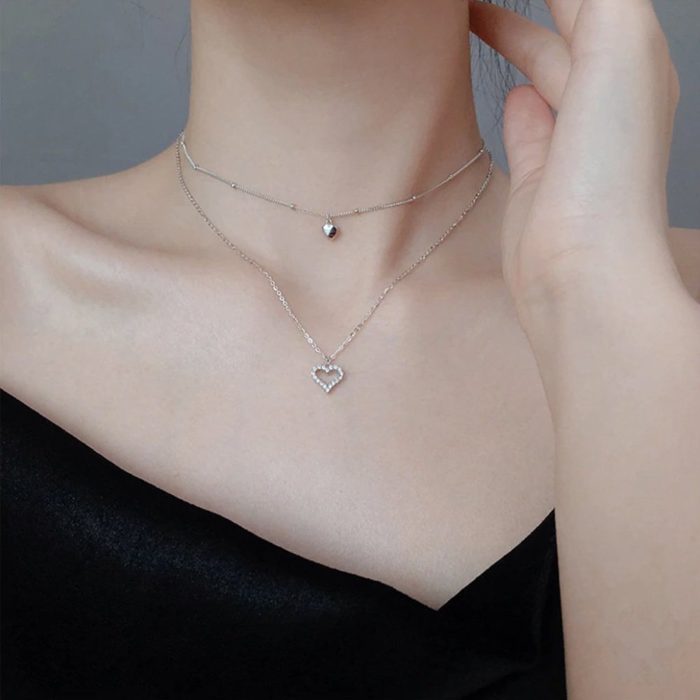 925 Sterling Silver Double Layer Heart Necklace Choker-NEW - Picture 5 of 16